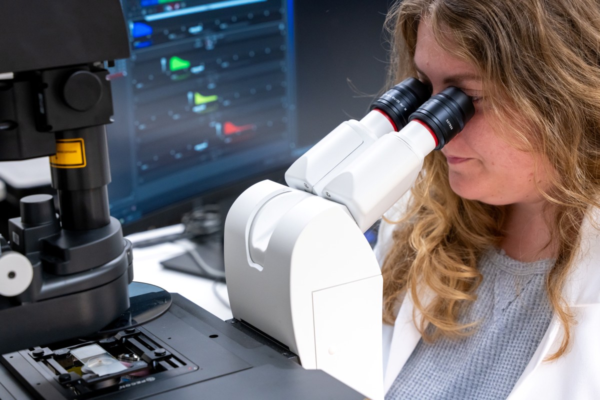 Student looking down the eyepieces of the Leica Stellaris microscope