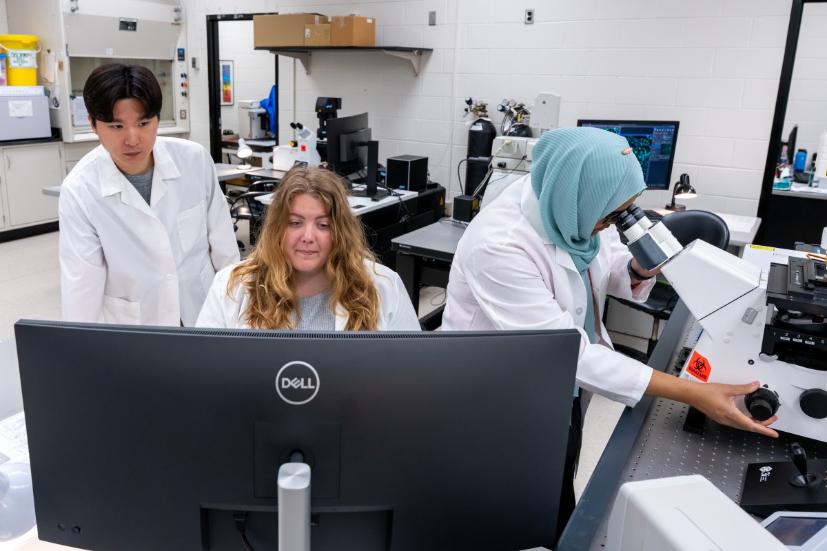 Students working together on a confocal microscope